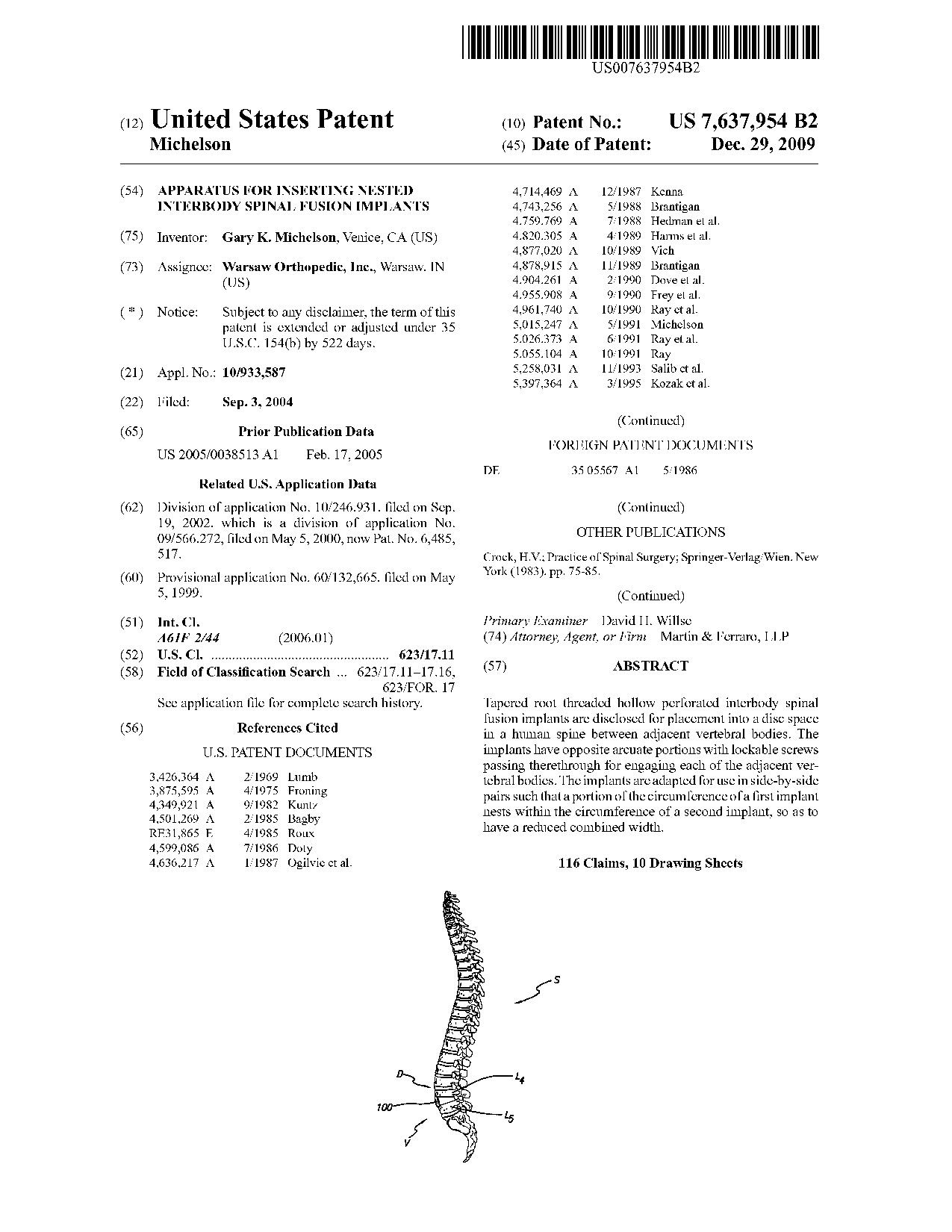Apparatus for inserting nested interbody spinal fusion implants - Patent 7,637,954