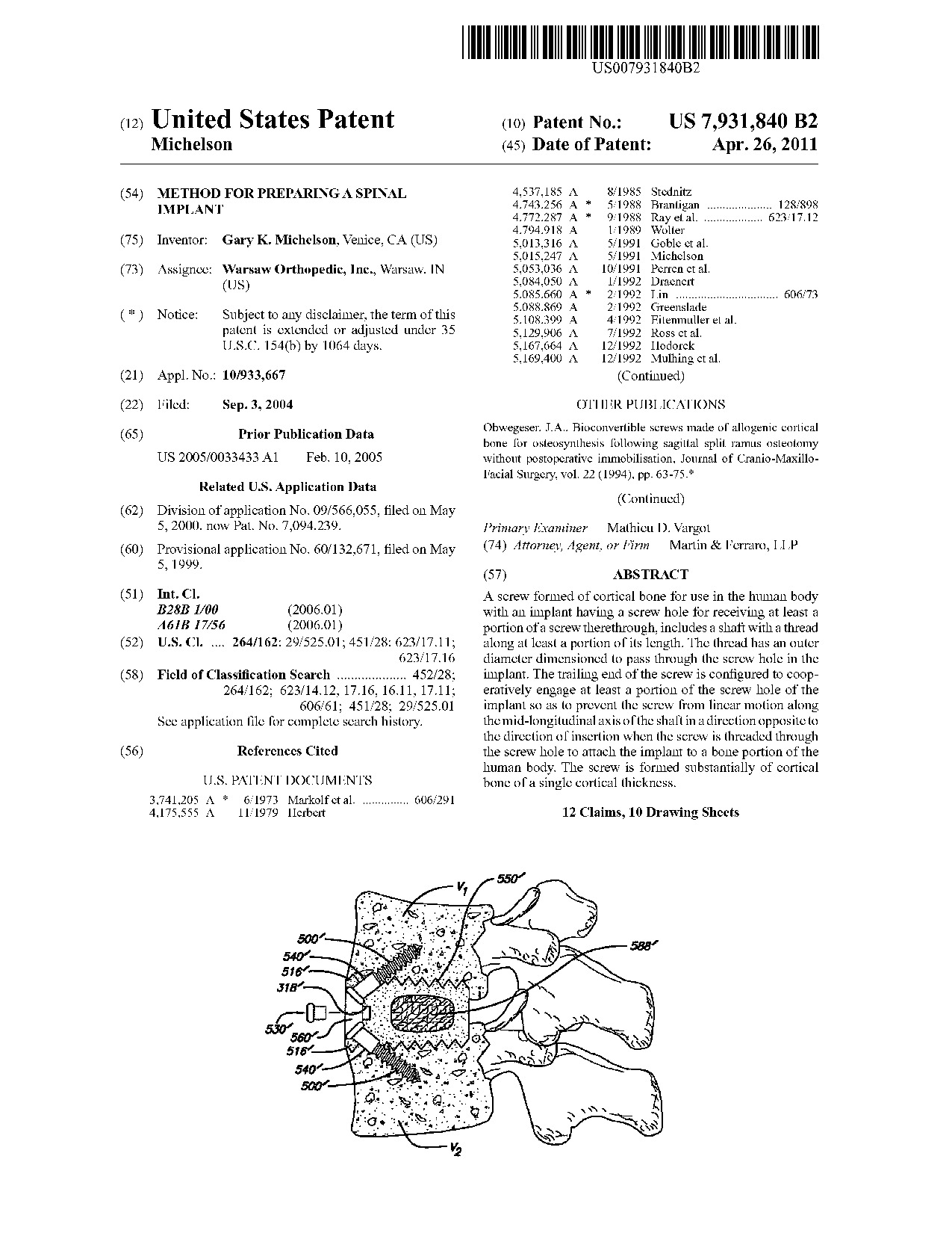 Method for preparing a spinal implant - Patent 7,931,840