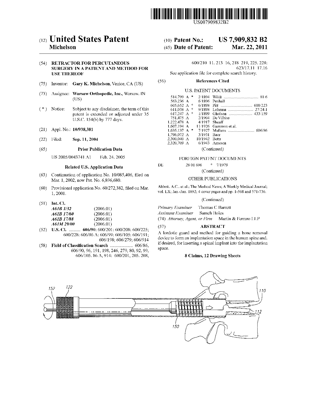 Retractor for percutaneous surgery in a patient and method for use thereof - Patent 7,909,832