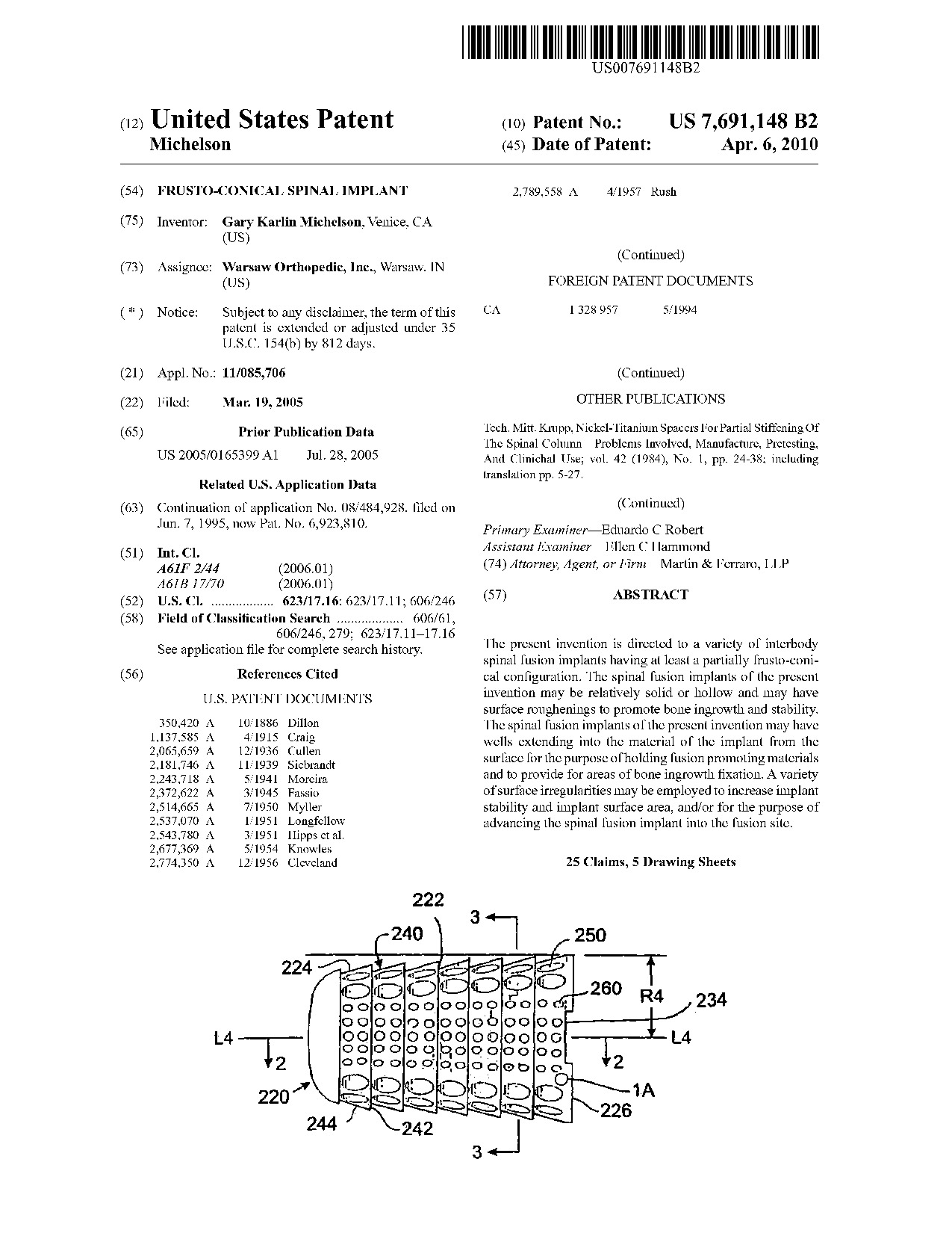 Frusto-conical spinal implant - Patent 7,691,148