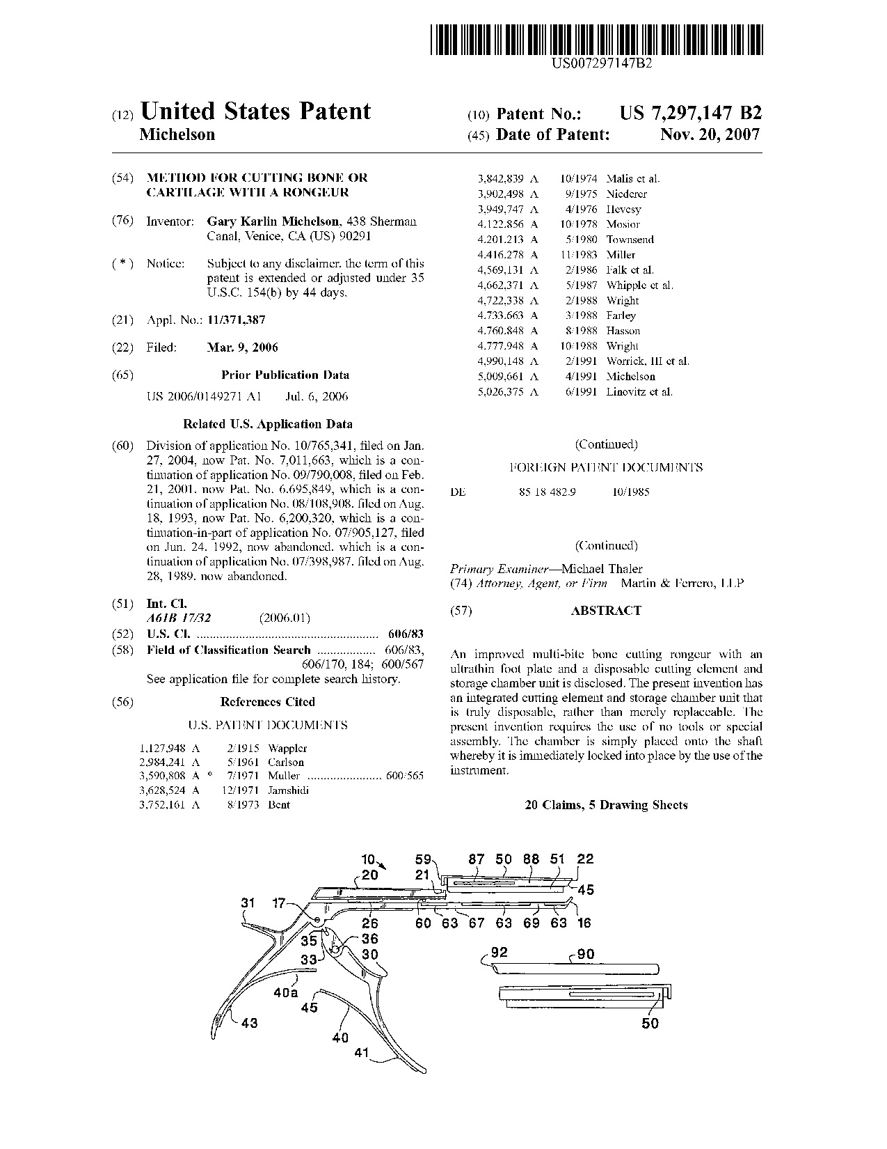 Method for cutting bone or cartilage with a rongeur - Patent 7,297,147