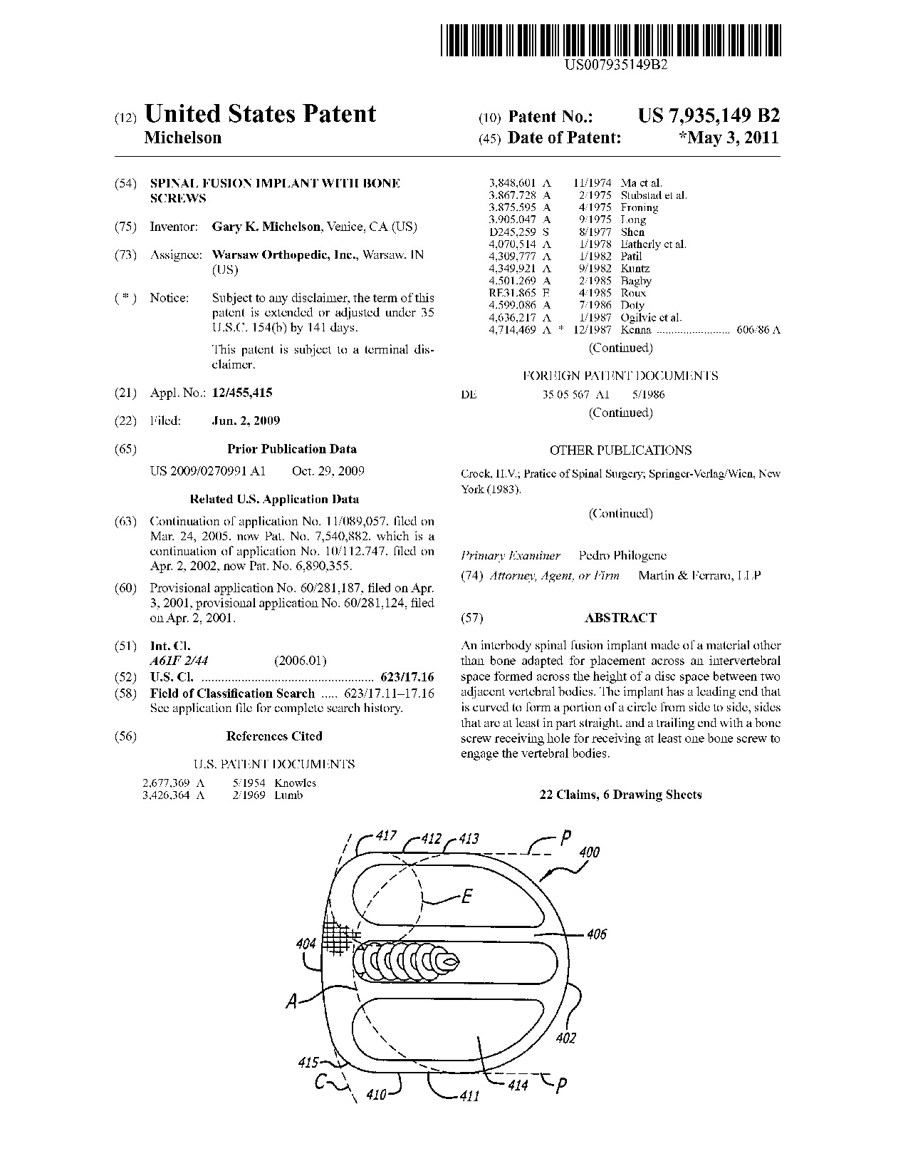 Spinal fusion implant with bone screws - Patent 7,935,149