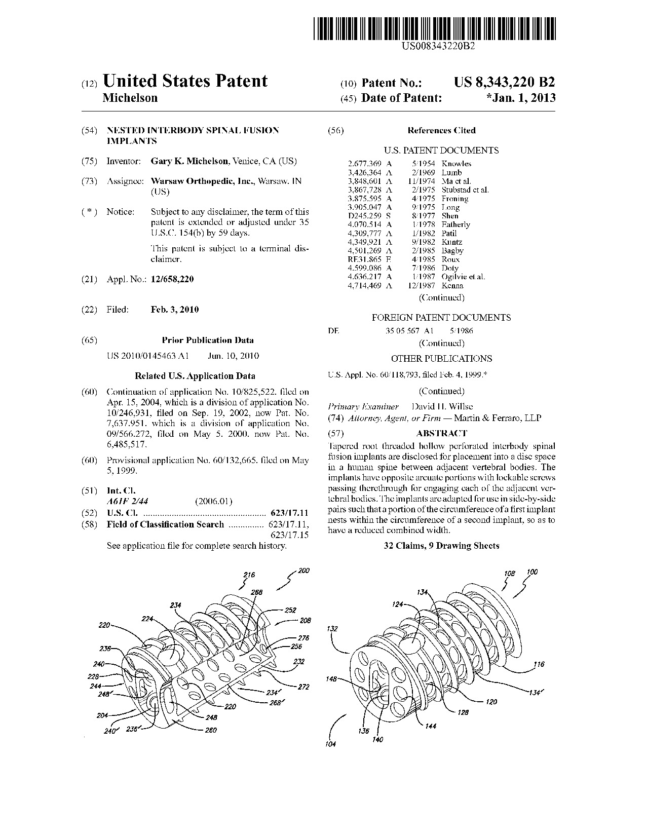 Nested interbody spinal fusion implants - Patent 8,343,220