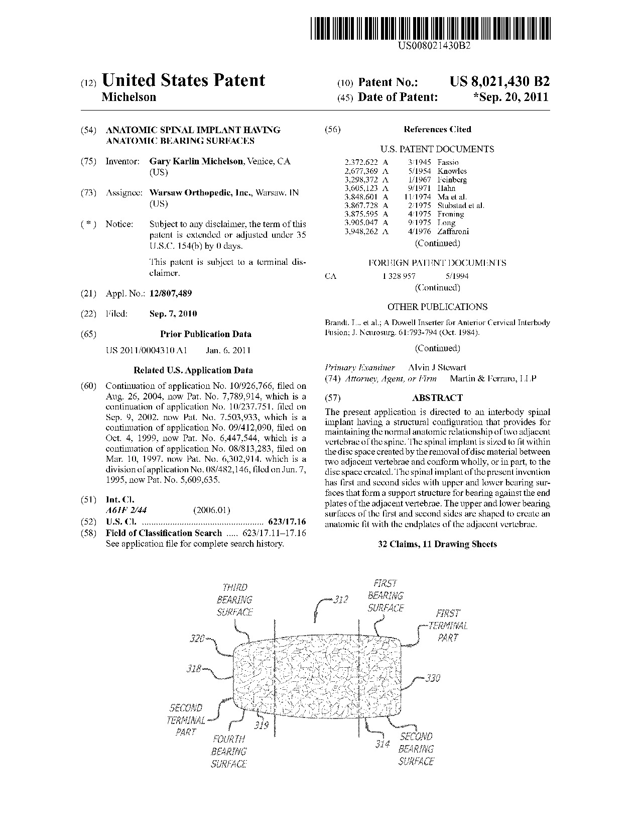 Anatomic spinal implant having anatomic bearing surfaces - Patent 8,021,430