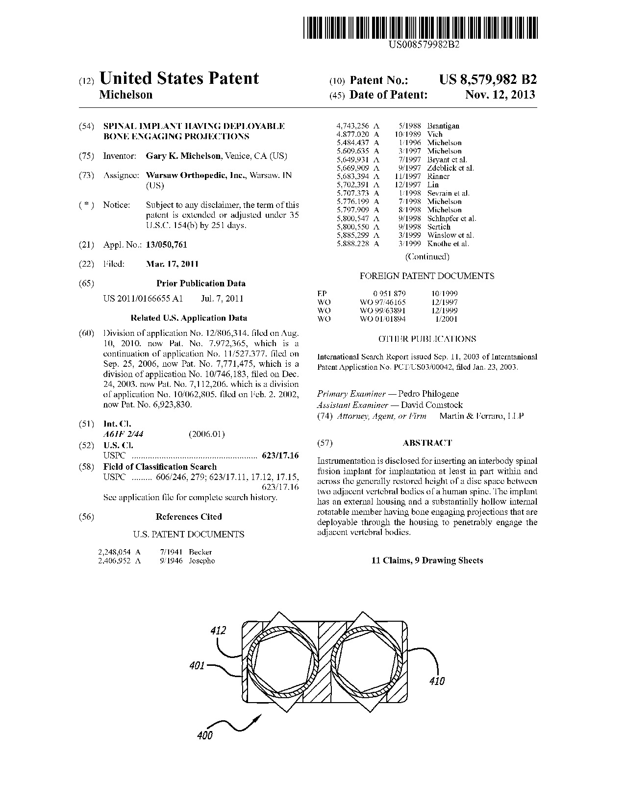 Spinal implant having deployable bone engaging projections - Patent 8,579,982