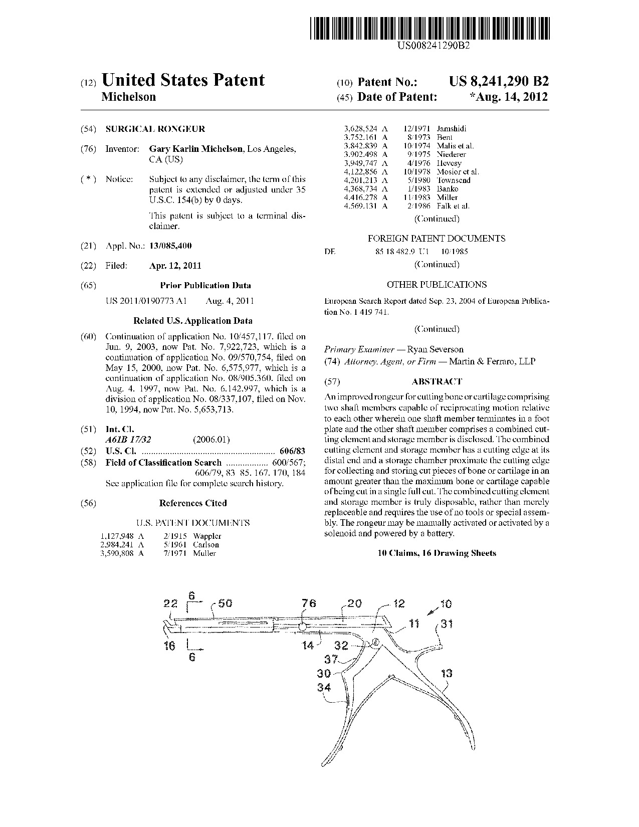 Surgical rongeur - Patent 8,241,290