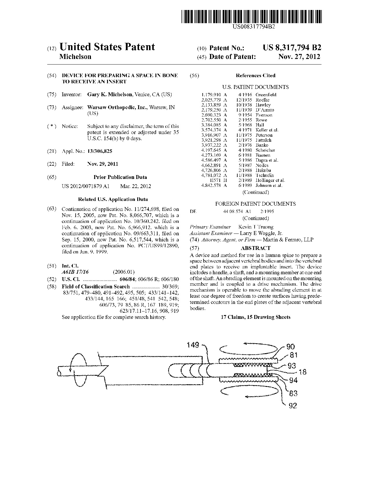 Device for preparing a space in bone to receive an insert - Patent 8,317,794