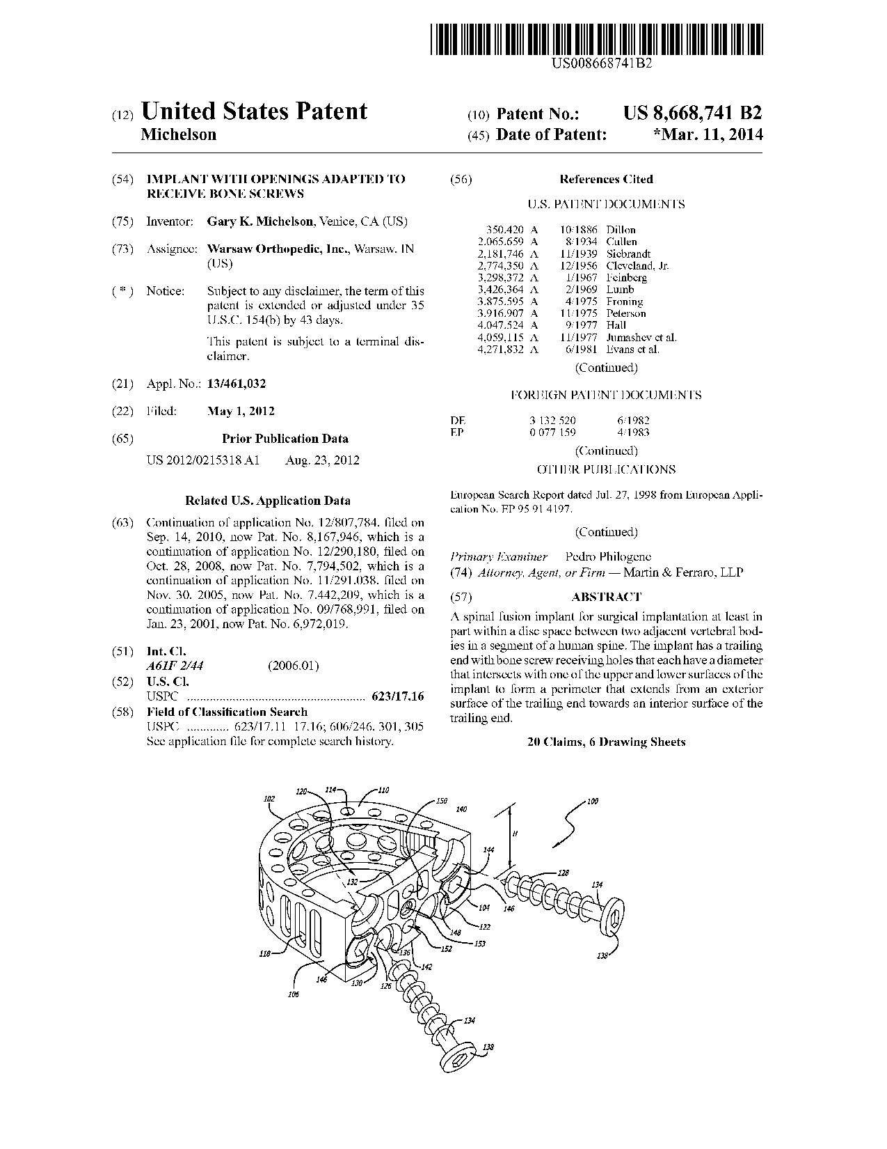 Implant with openings adapted to receive bone screws - Patent 8,668,741