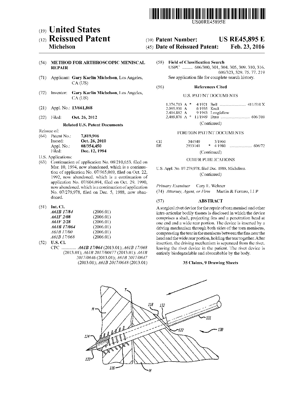 Method for arthroscopic meniscal repair - Patent RE45,895