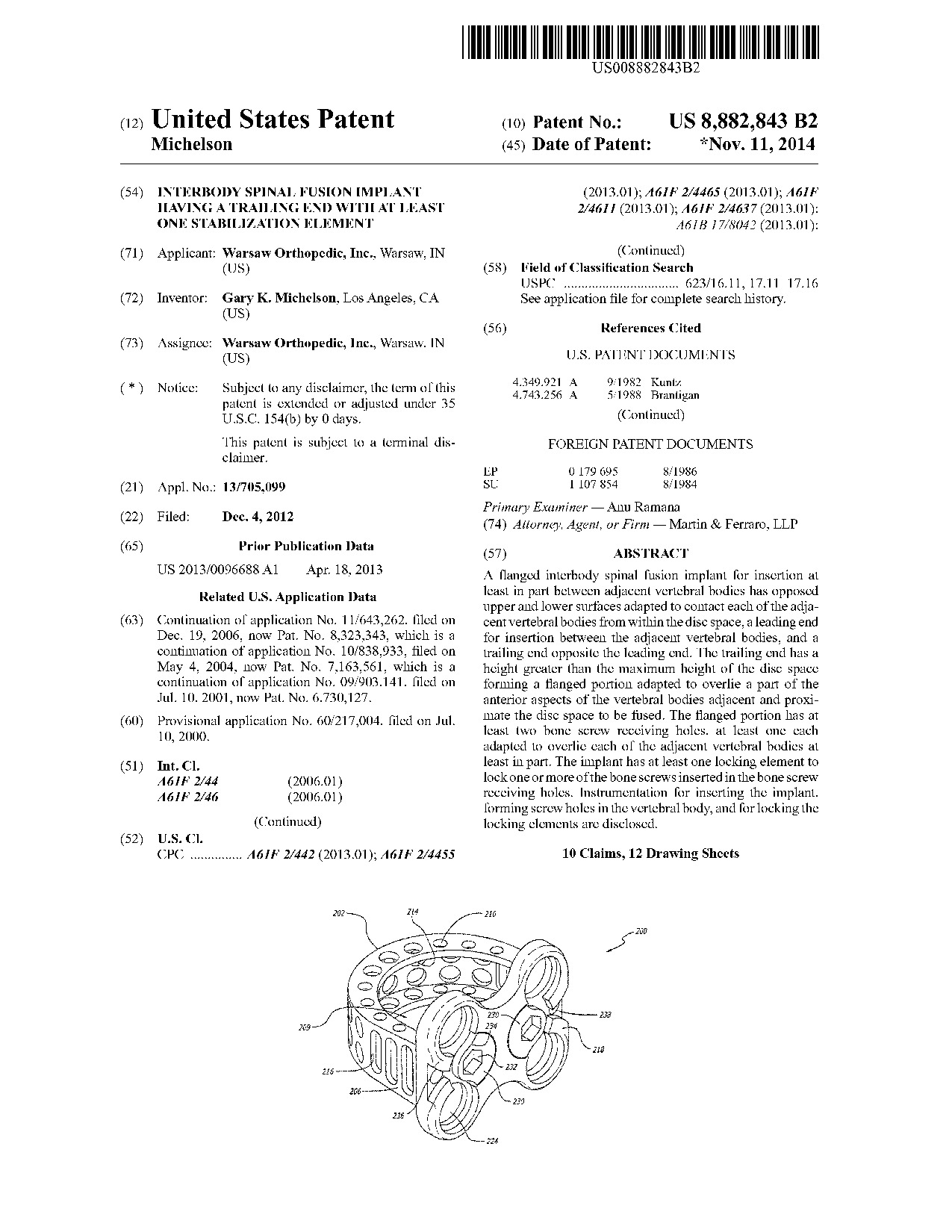 Interbody spinal fusion implant having a trailing end with at least one     stabilization element - Patent 8,882,843